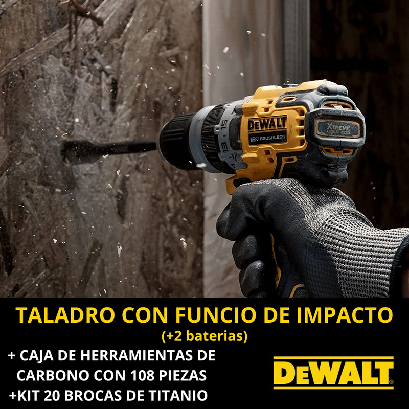 KIT DEWALT: TALADRO DE PERCUSION DE ALTO IMPACTO + CAJA DE HERRAMIENTAS CON 108 PIEZAS + 20 BROCAS DE TITANIO - CIERRE DE LA TIENDA - CONTRA ENTREGA ENVÍO GRATIS